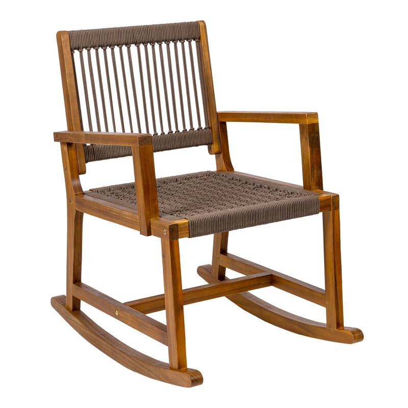JONATHAN Y Laguna Coastal Casual 352-LBS Support Acacia Wood and Woven Rope Outdoor Rocking Chair - Brown