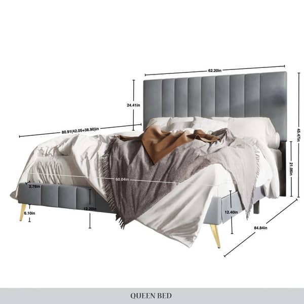 dimension image slide 2 of 7, CraftPorch Modern Velvet Tufted Upholstered Gold Accent Platform Bed