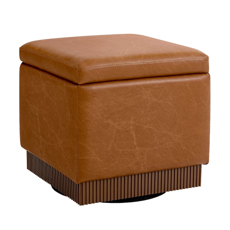 Swivel Storage Ottoman Bench Footstool with Flip-top and Acacia Frame