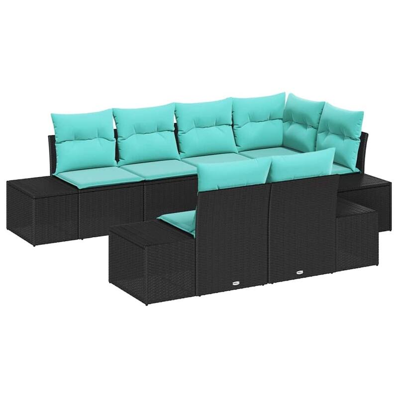vidaXL 7 Garden Sofa Set with Cushions Black Poly Rattan - 103.9 x 60.6 x 27.2