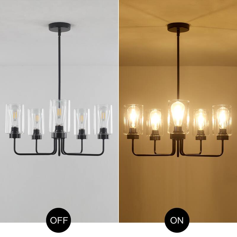 22" wide 5-light Glass Chandelier, Industrial Farmhouse Ceiling Light with Glass Lampshade for Living room, Dining room, Kitchen