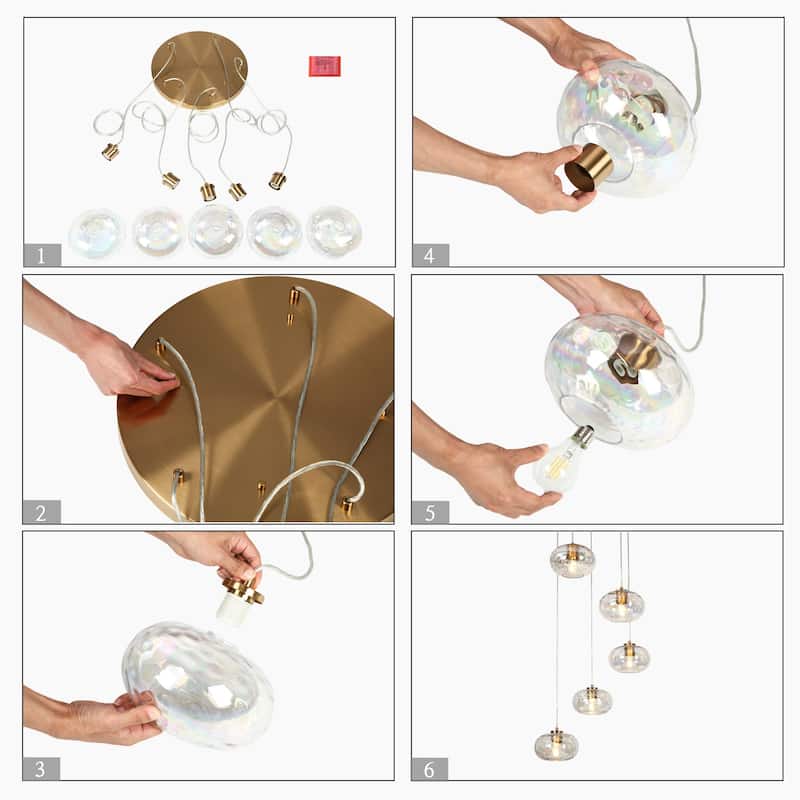 Modern 5-Light Gold Cluster Chandelier Colored Glass Island Pendant for Dining Room - D24" x H66" Max