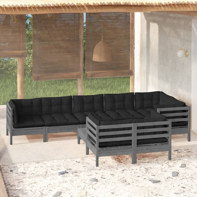 vidaXL Solid Pinewood Patio Lounge Set 9 Piece with Cushions Multi Colors - Grey
