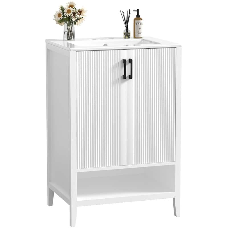 24" Freestanding Bathroom Vanity with Ceramic Sink, 2-Door Storage - White