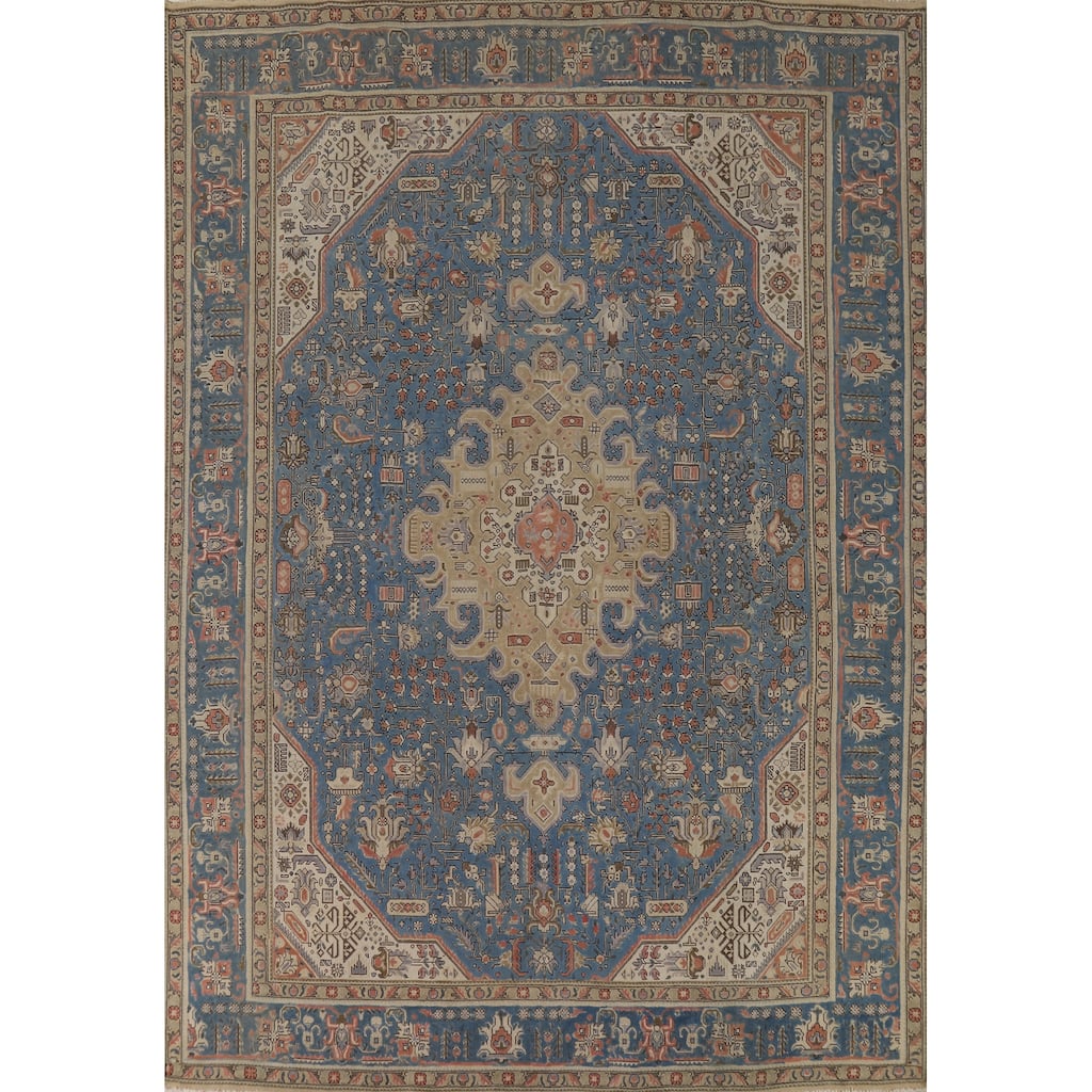 Blue Tabriz Vintage Persian Rug Handmade Wool Carpet - 9'10" x 12'9"