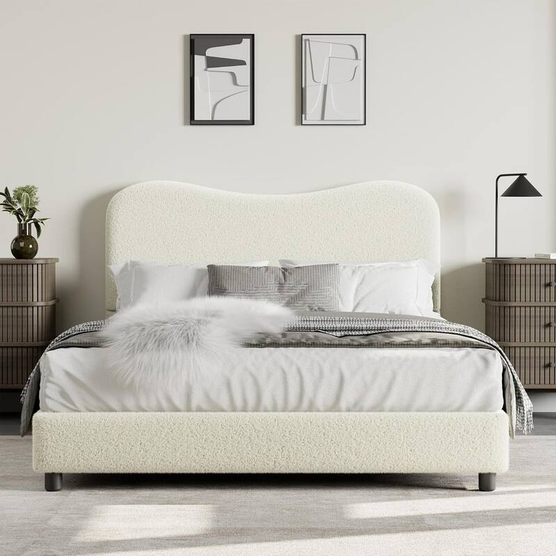 Upholstered Boucle Bed Frame with Headboard, No Box Spring Needed, Beige - Queen