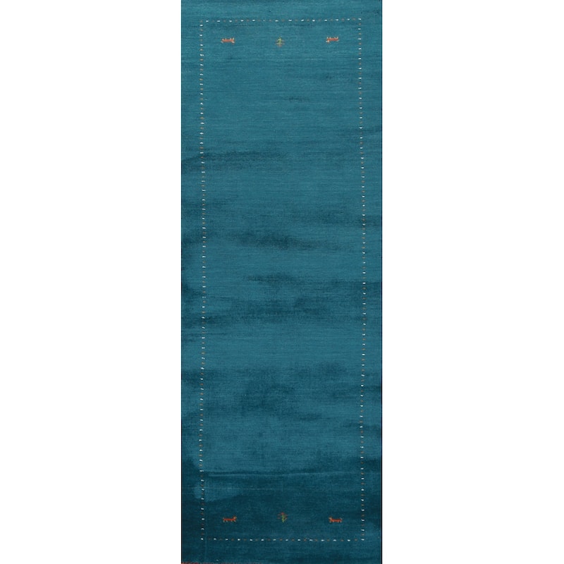Teal Blue Gabbeh Oriental Runner Rug Handmade Wool Carpet - 2'7" x 9'10"