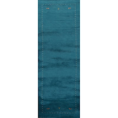 Teal Blue Gabbeh Oriental Runner Rug Handmade Wool Carpet - 2'7" x 9'10"