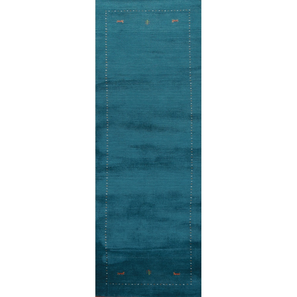 Hand Knotted Oriental 100% Wool Carpet Tribal Animal Pictorial Navy Blue & Blues Gabbeh Runner Rug - 9' 10'' X 2' 7''