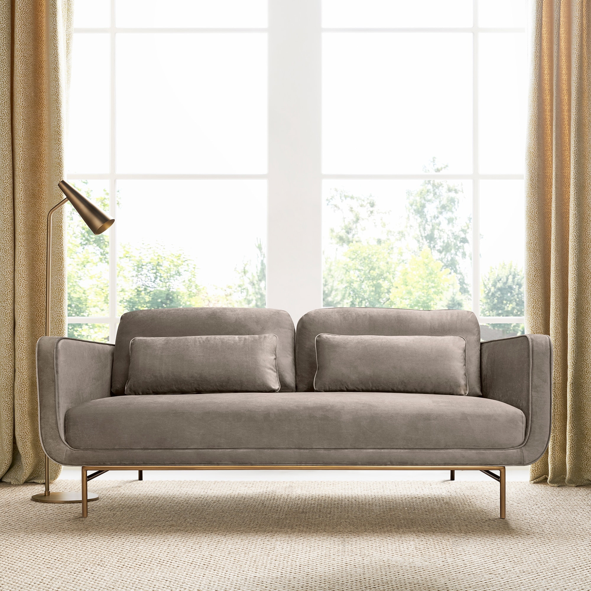 Lilou 77" Fabric or Velvet 3 Seater Sofa Sofa with Antique Brass Metal Legs