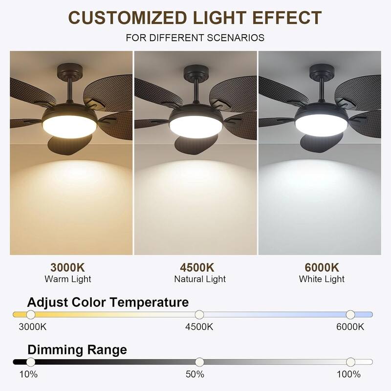 52 Inches or 62 Inches Tropical Ceiling Fan with LIght and Remote,Palm Leaf Blades