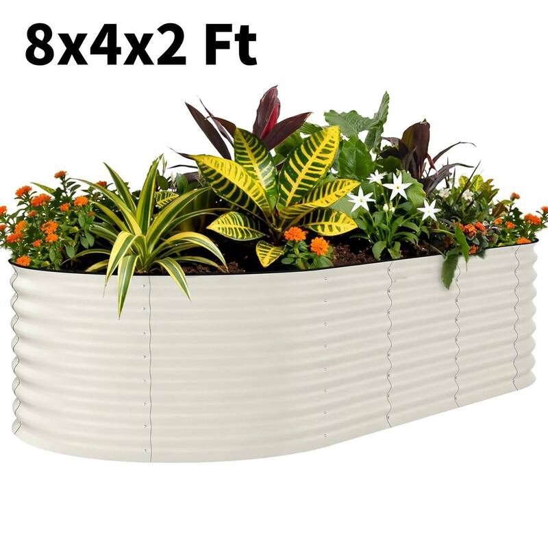 8x4x2 FT Galvanized Steel Raised Garden Bed, Planter for Vegetables, Flowers with Anti-Cut Strips - N/A - White