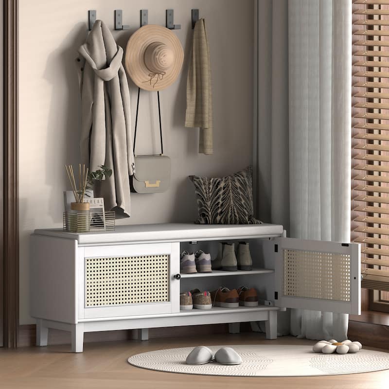 Boho Rattan Shoe Storage with Washable Cushion & Adjustable Shelves by Harper&Bright Designs