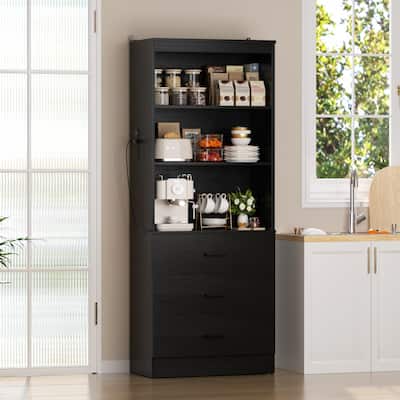 Tall Buffet Sideboard with Charging Station, Storage Pantry Organizer with Drawers and Shelves