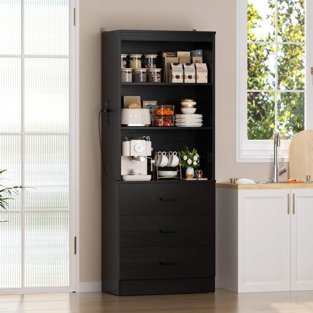 Tall Buffet Sideboard with Charging Station, Storage Pantry Organizer with Drawers and Shelves