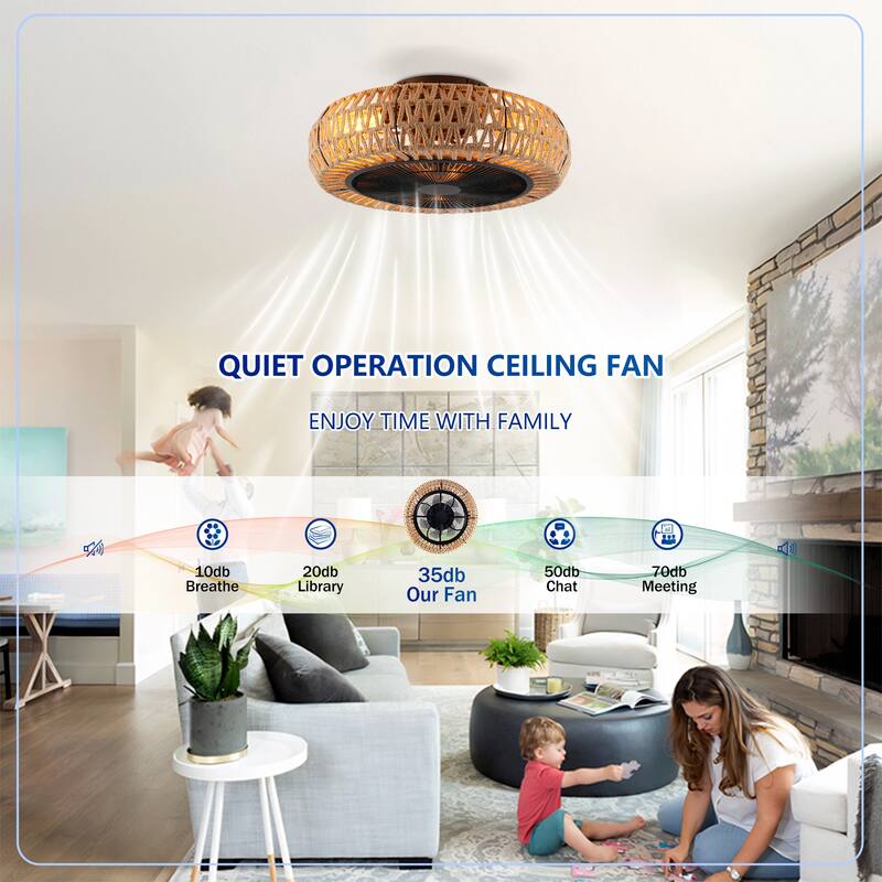 20 inch Flush Mount Ceiling Fan Light with Remote Caged Farmhouse Fandelier Black Wood Low Profile