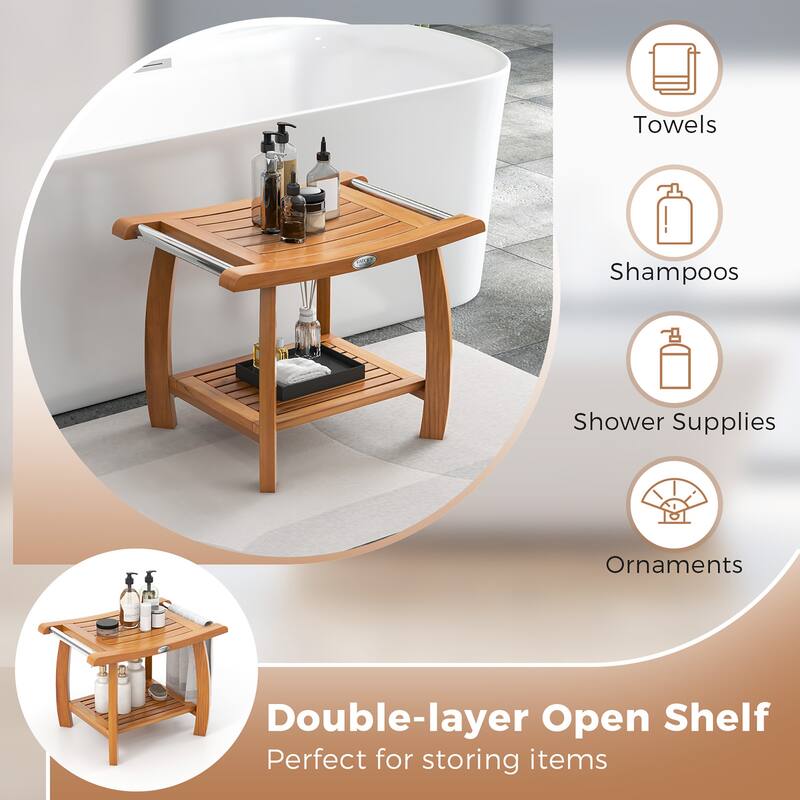 Gymax Teak Wood Shower Bench 2-Tier Wooden Shower Stool w/ Curved Seat