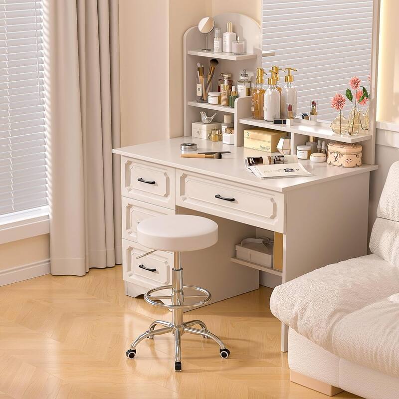 VECELO Round Drafting Stool Swivel Rolling Chair PU Leather Height Adjustable with Wheels Footrest Home Office Chair