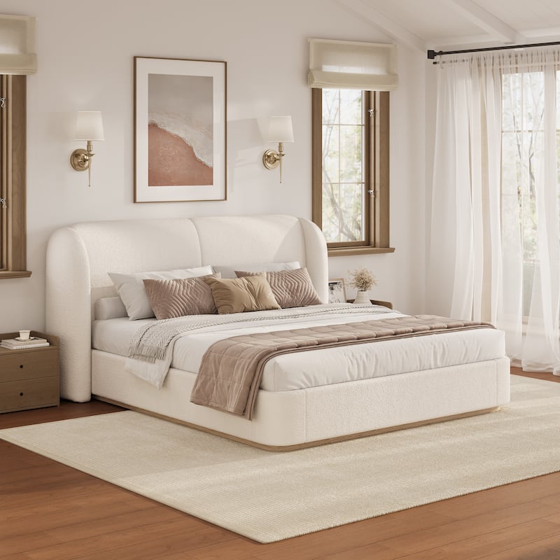 Christopher Knight Home - Valerian Boucle Upholstered Platform Bed with Double-Pillow Headboard - Beige - Queen