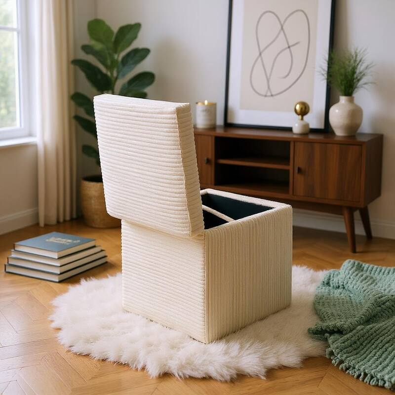 Modern Square Corduroy Ottoman Footrest with Hidden Storage for Living Room or Bedroom