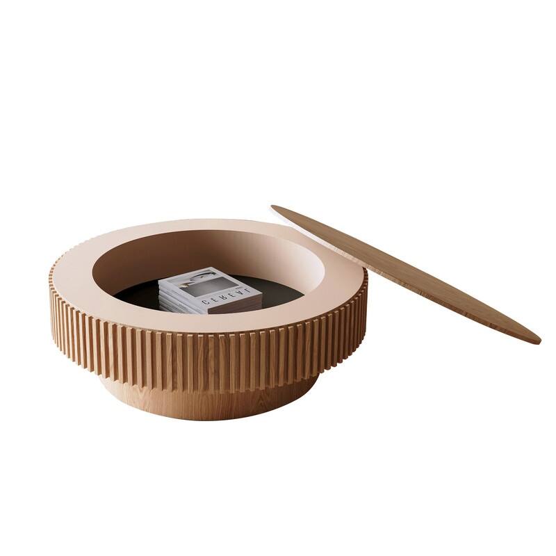 39.37" Round Coffee Table with Storage Solid Wood Veneered Modern Accent Table for Living Room or Bedroom