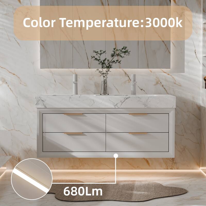 Modland 48" Floating Double Sink Bathroom Vanity with White Stone Countertop, Soft-Close Drawers, LED Lighting