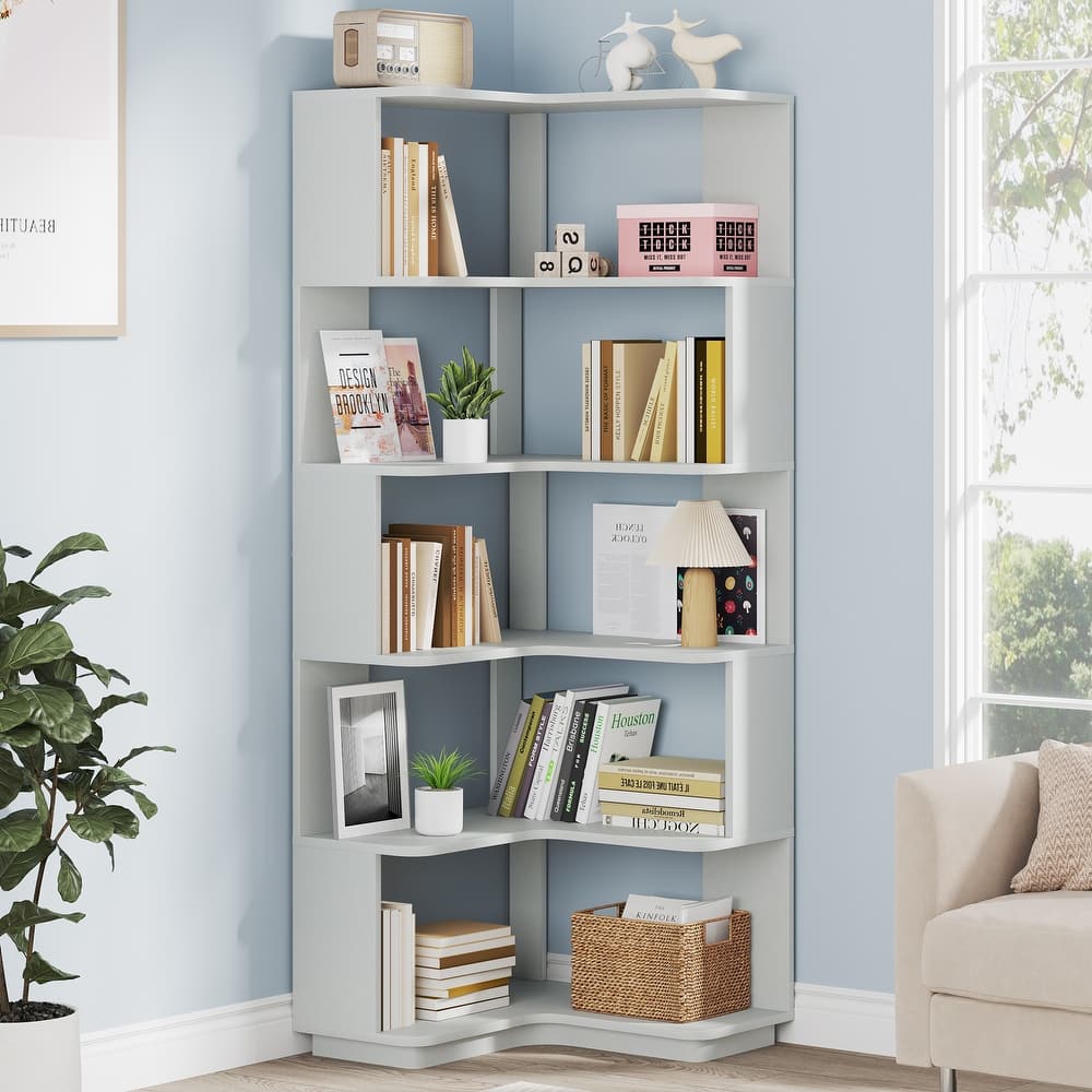 6-Tier Corner Bookshelf, 64.9 Inch Industrial Bookcase with Baffles