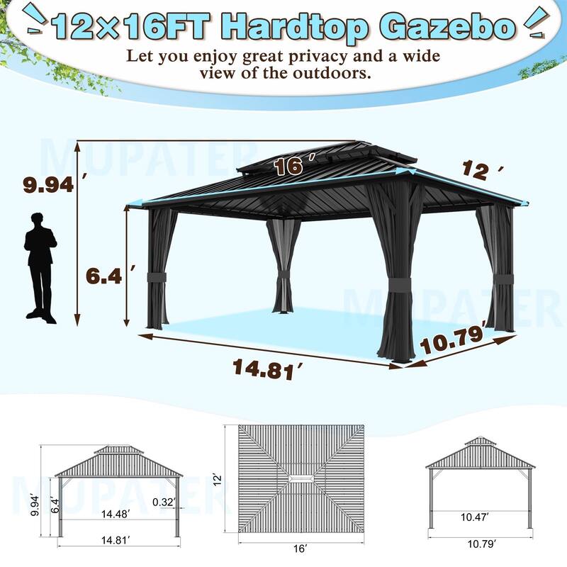VEIKOUS Aluminum Double Hardtop Gazebo Pergola for Patio, Lawn, and Garden with Removable Curtains and Netting