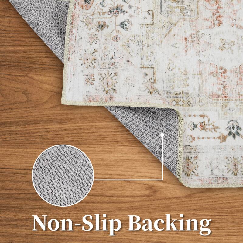 Vintage Medallion Living Room Rug Washable Soft Non-Slip Low Pile Area Rug Indoor Distressed Accent Rug