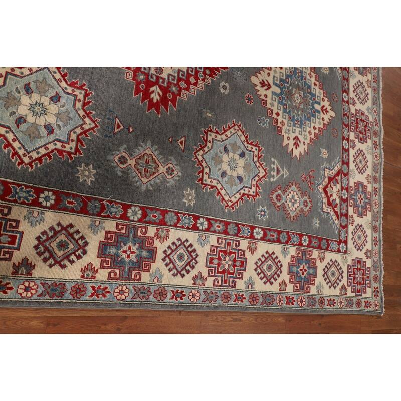 Hand Knotted Oriental 100% Wool Carpet Traditional Geometric Greys & Charcoal Kazak Area Rug - 9' 6'' X 6' 11''
