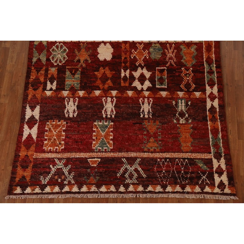 Red Tribal Geometric Moroccan Area Rug Hand-knotted Wool Carpet - 6'8" x 9'6"