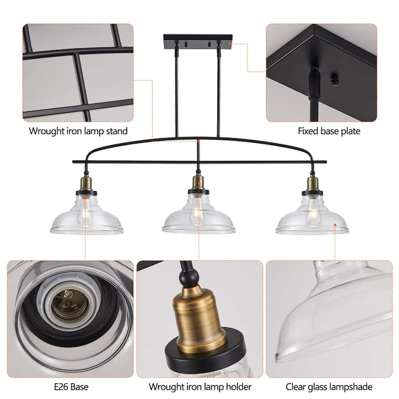 Anmytek 45 Inch Black Industrial 3-Light Chandelier with Clear Glass Shades