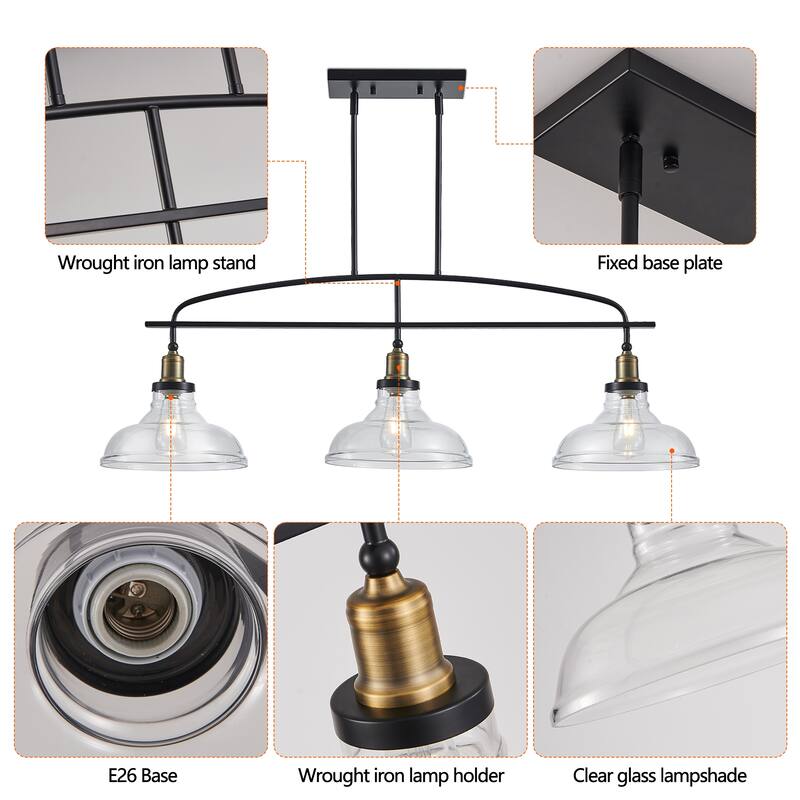 Industrial-Style 3-Light Pendant Light with Transparent Glass Shade, for Kitchen Islands, Dining Rooms and Living Rooms