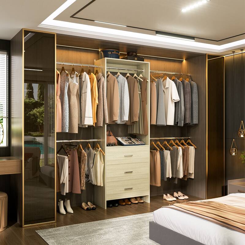 Cimly 118'' Closet Organizer with 3 Wooden Drawers, Adjustable Closet System with 5 Hanging Rods