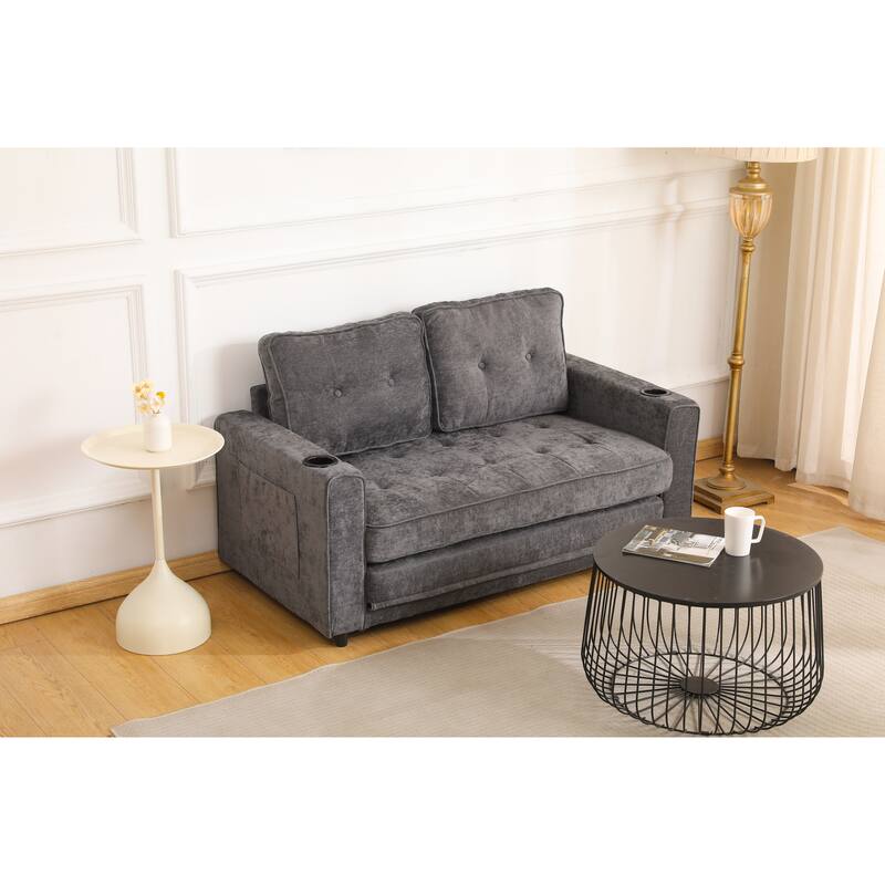 Dark Gray Pull-Out Sofa Bed Convertible Loveseat Sleeper Sofa Couch with Storage Bags for Living Room