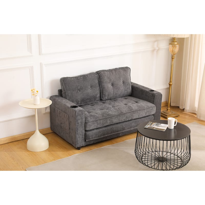 Sofa Bed with Pull-Out Straps, Velvet Sleeper Sofa with Side Storage Bags, Convertible Lounge Chaise Loveseat Daybed