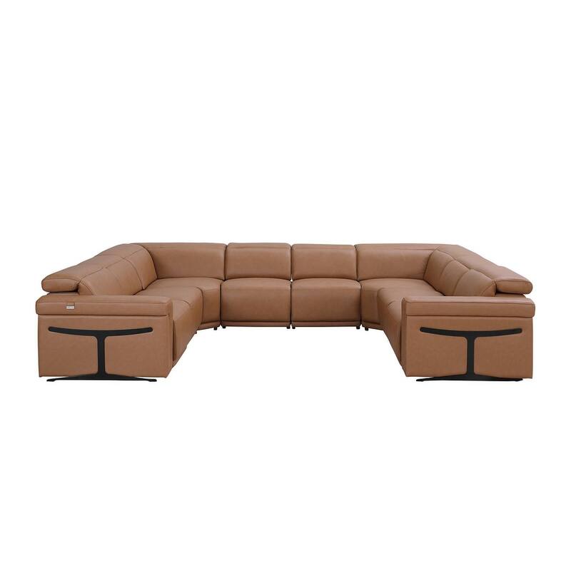 HomeRoots Chestnut Italian Leather Power Reclining U Shaped Eight Piece Corner Sectional With Console