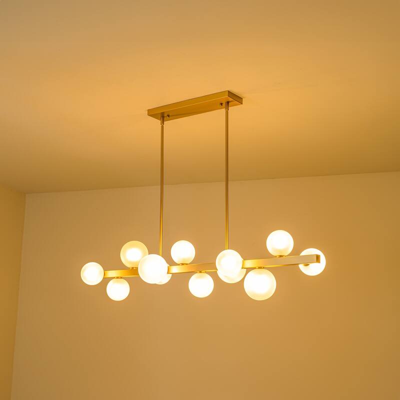12-Light Modern Brushed Gold Linear Gluster Glass Kitchen Island Pendant Sputnik Frosted Opal Glass Globe Bubble Chandelier