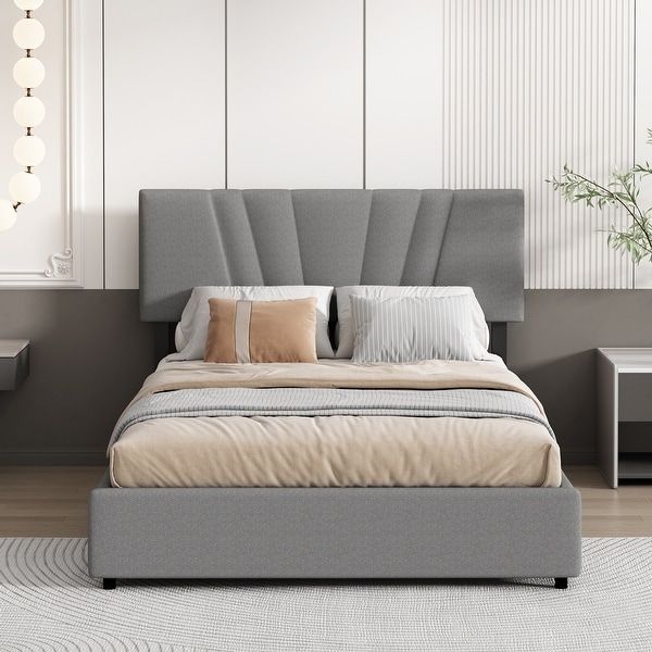 Full Size Bed Frame with Storage and Tufted Headboard Wooden Full Platform Bed for Kids Teens Adults No Box Spring Needed Grey