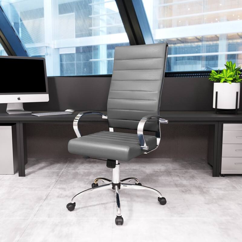 Benmar High-Back Leather Office Desk Chair in Stainless Steel Frame Adjustable Height Tilt Lock 360 Swivel Ergonomic Chair
