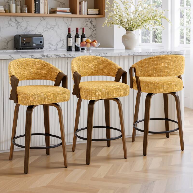 Upholstered Swivel Bar Stool/ Counter Stools with Curved Back - 37.5"H x 20.9"W x 19.9"D - Set of 3 - Yellow-Chenille