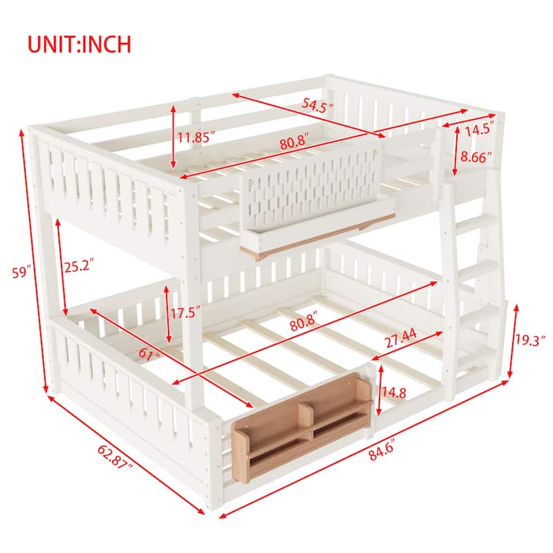 Full XL over Queen / Full over Queen Bunk Bed with Ladder, Guardrails, Pegboard & Built-In Bookshelf, Solid Wood Frame