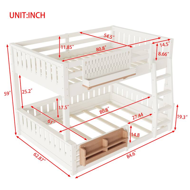Full XL over Queen/Full over Queen Bunk Bed with Ladder and Guardrails, Pegboard and bookshelf