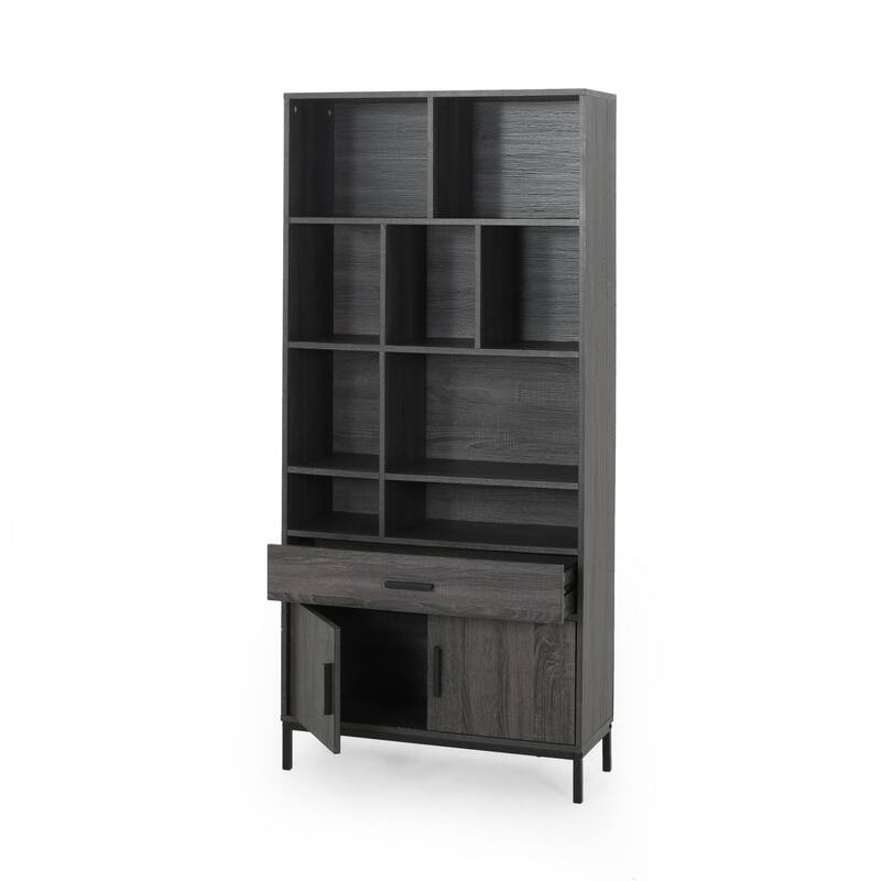Eby Cube Bookcase, 9 Storage Spaces, Drawer, Cabinet 67 Inch Dark Gray