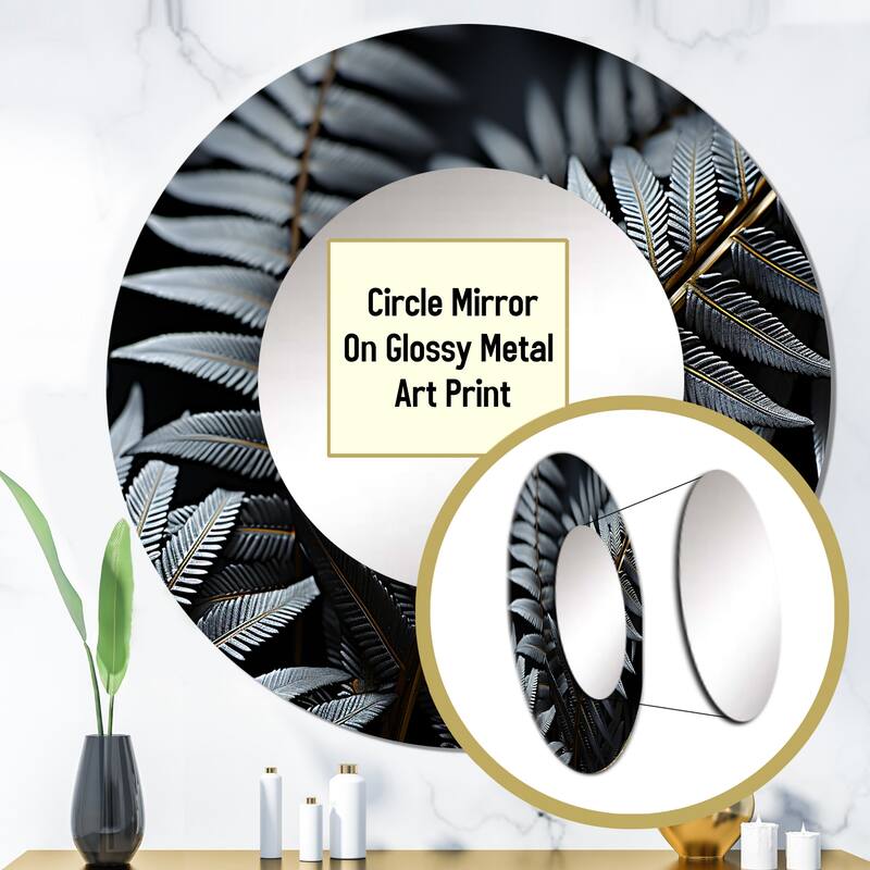 Designart "Monochromatic Fern Fronds" Plants Round Office Mirror - Grey Traditional Mirror For Wall Décor