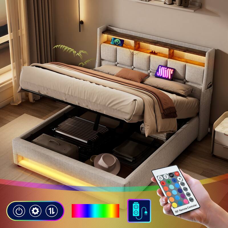 Roomfitters Full Size Upholstered Platform Bed with Storage System, USB Charging Ports