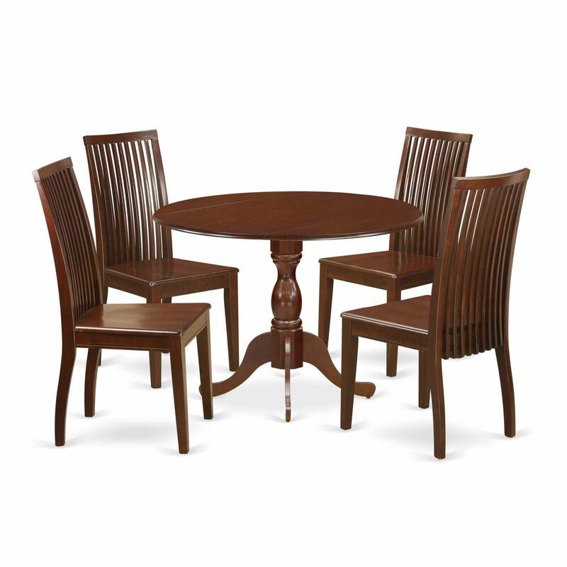 HomeStock 5-Piece Mahogany Finish Solid Wood Top Dining table with 4 Chairs with Drop Leaf Slat Back