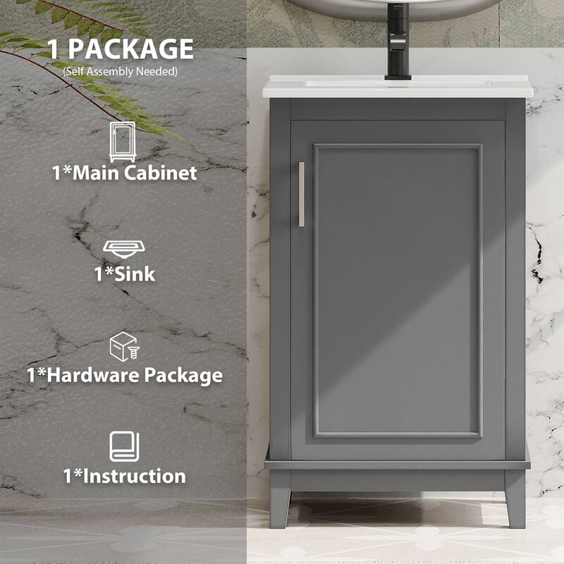 20" Modern Small Bathroom Vanity Cabinet With Ceramic Basin - 20"*15.5"*33.3", Ample Storage, 1 Soft-Close Door