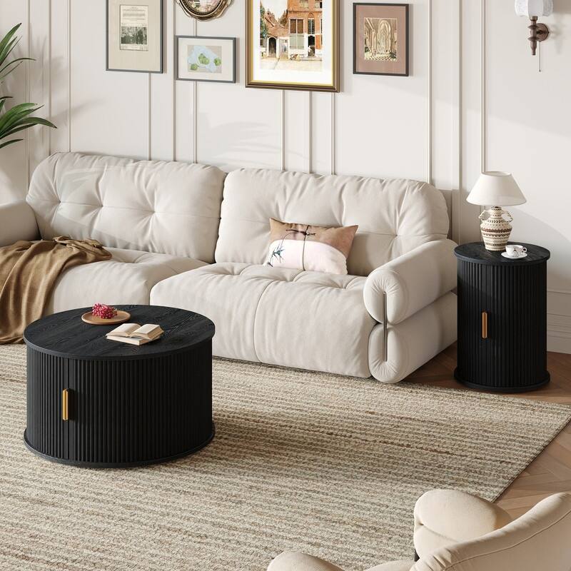 Mid-Century Modern Coffee & End Table Set with Tambour Doors - 2-Piece Wood Finish Living Room Storage