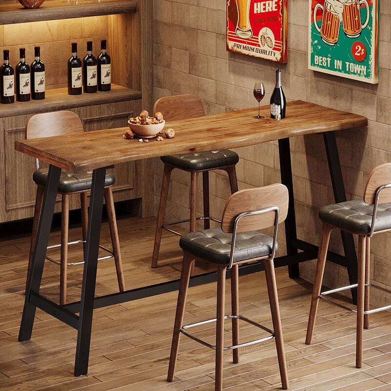 Solid Wood Bar Table, 55.1-Inch Counter Height Pub Table with Sturdy Metal Frame